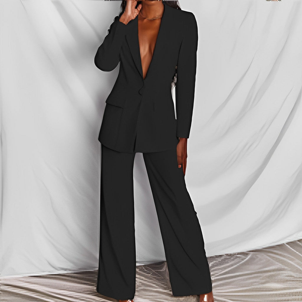 2pcs Casual Suit Lapel Button - down Blazer Jacket And Straight - leg Pants Office Commuting Business Trousers Set Clothing - LADYLINE X