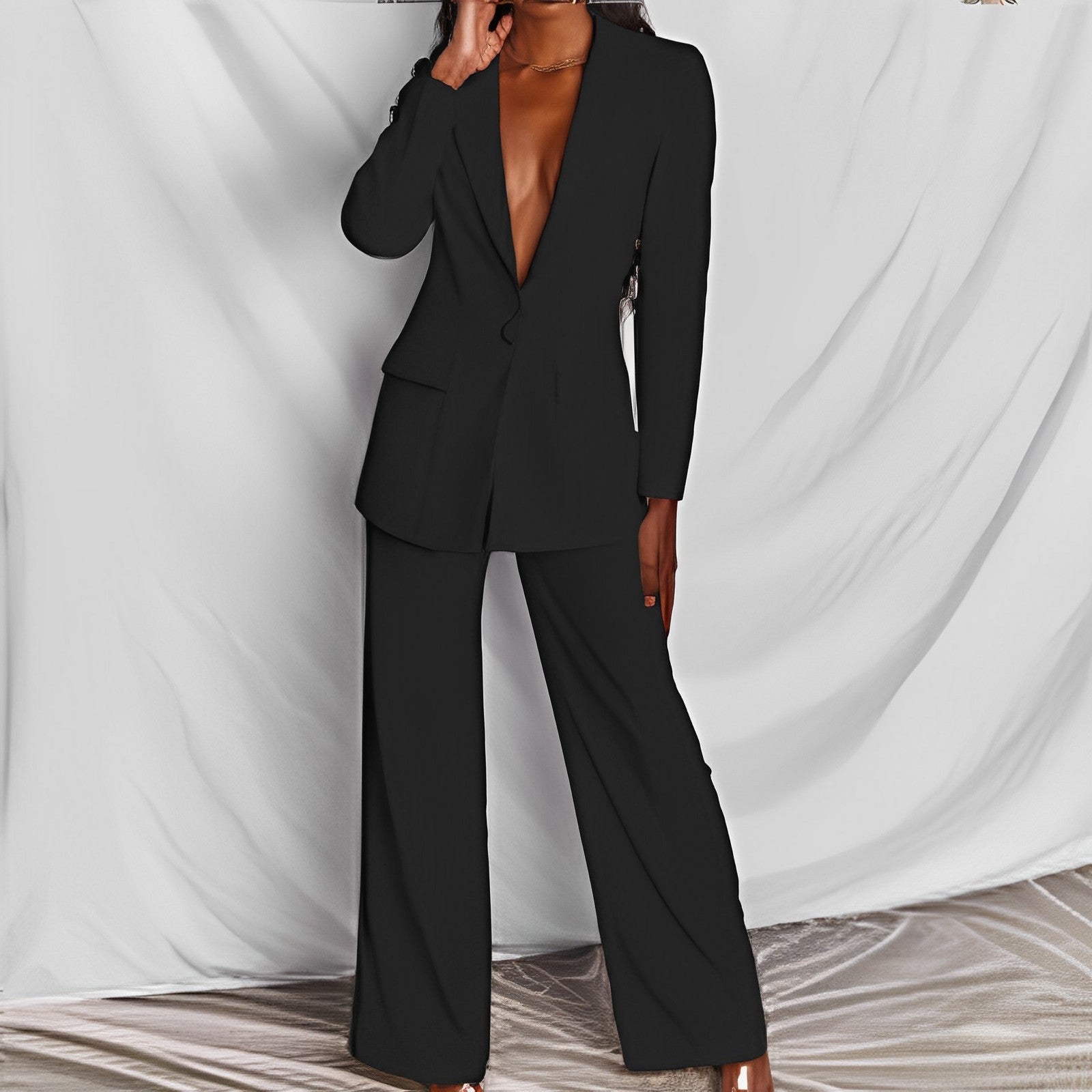 2pcs Casual Suit Lapel Button - down Blazer Jacket And Straight - leg Pants Office Commuting Business Trousers Set Clothing - LADYLINE X