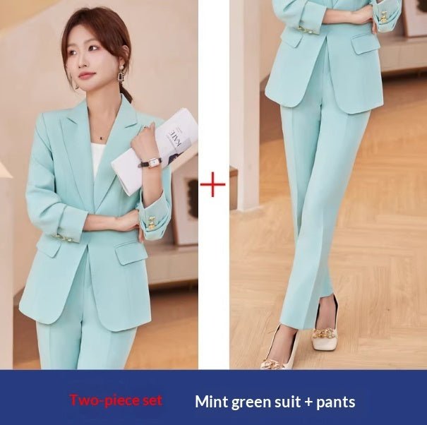 2pcs Casual Suit Lapel Button - down Blazer Jacket And Straight - leg Pants Office Commuting Business Trousers Set Clothing - LADYLINE X