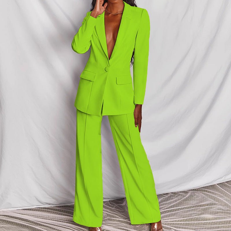 2pcs Casual Suit Lapel Button - down Blazer Jacket And Straight - leg Pants Office Commuting Business Trousers Set Clothing - LADYLINE X