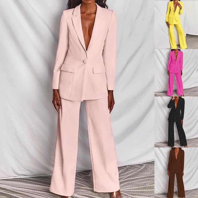 2pcs Casual Suit Lapel Button - down Blazer Jacket And Straight - leg Pants Office Commuting Business Trousers Set Clothing - LADYLINE X