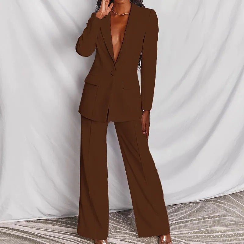 2pcs Casual Suit Lapel Button - down Blazer Jacket And Straight - leg Pants Office Commuting Business Trousers Set Clothing - LADYLINE X