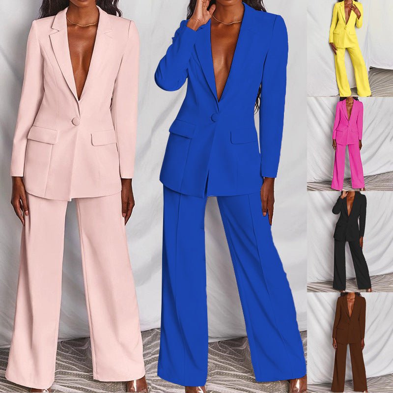 2pcs Casual Suit Lapel Button - down Blazer Jacket And Straight - leg Pants Office Commuting Business Trousers Set Clothing - LADYLINE X