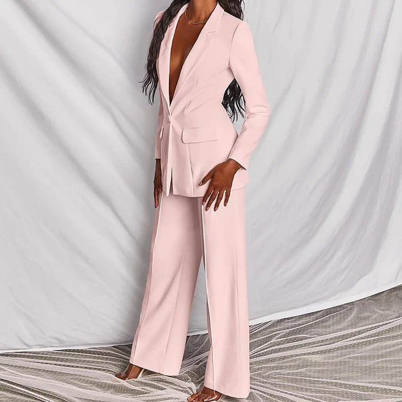 2pcs Casual Suit Lapel Button - down Blazer Jacket And Straight - leg Pants Office Commuting Business Trousers Set Clothing - LADYLINE X