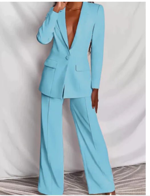 2pcs Casual Suit Lapel Button - down Blazer Jacket And Straight - leg Pants Office Commuting Business Trousers Set Clothing - LADYLINE X