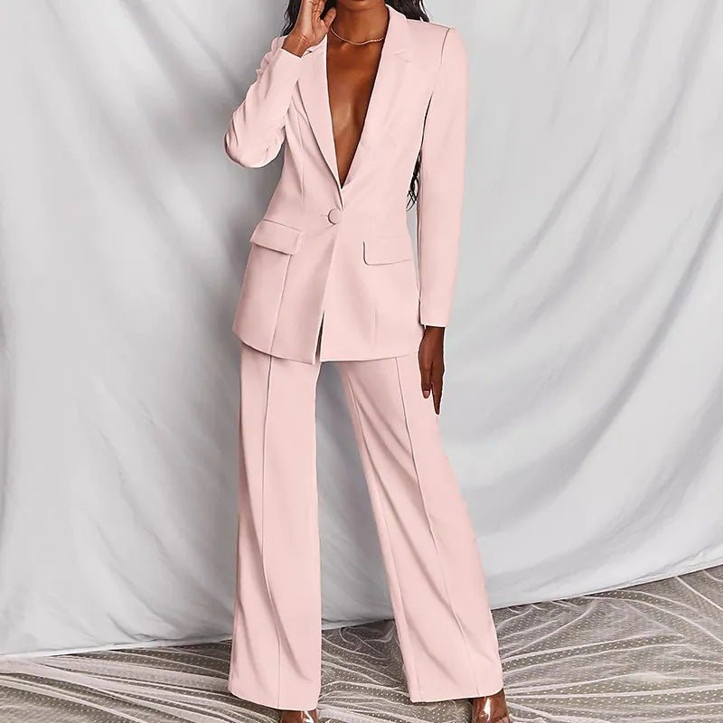 2pcs Casual Suit Lapel Button - down Blazer Jacket And Straight - leg Pants Office Commuting Business Trousers Set Clothing - LADYLINE X