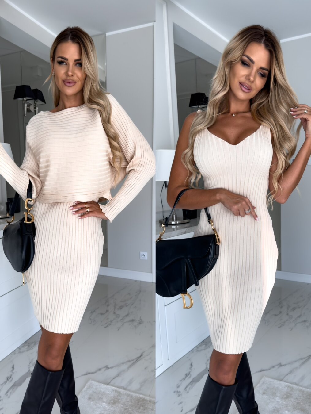 2pcs Suit Women's Solid Stripe Long - sleeved Top And Tight Suspender Skirt Fashion Autumn Winter Slim Clothing - LADYLINE X