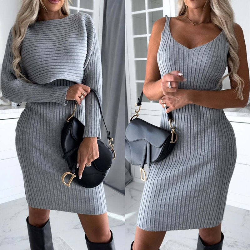 2pcs Suit Women's Solid Stripe Long - sleeved Top And Tight Suspender Skirt Fashion Autumn Winter Slim Clothing - LADYLINE X