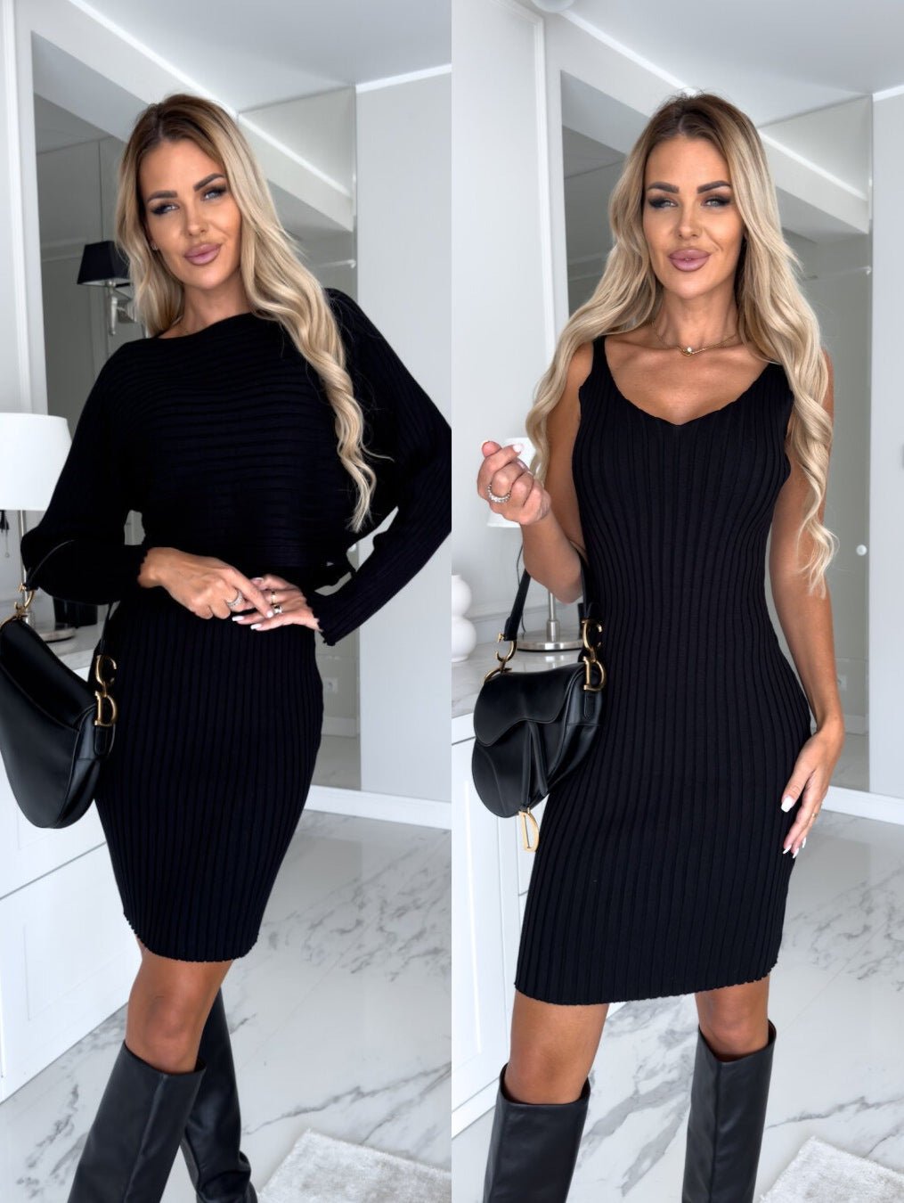 2pcs Suit Women's Solid Stripe Long - sleeved Top And Tight Suspender Skirt Fashion Autumn Winter Slim Clothing - LADYLINE X
