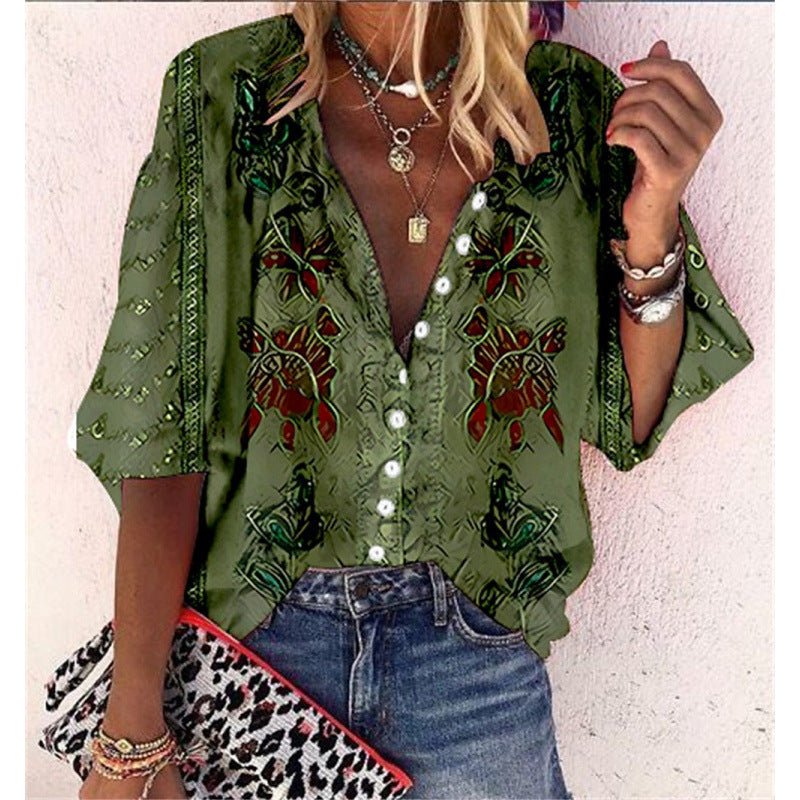 3D Floral - print Long - sleeve Top Fashionable V - neck Blouse For Women - LADYLINE X
