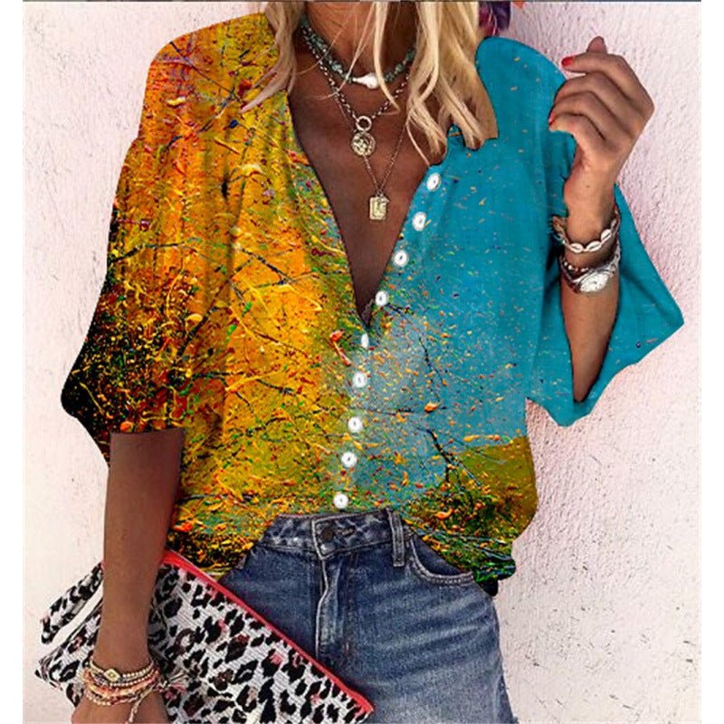 3D Floral - print Long - sleeve Top Fashionable V - neck Blouse For Women - LADYLINE X