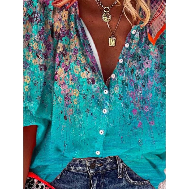 3D Floral - print Long - sleeve Top Fashionable V - neck Blouse For Women - LADYLINE X