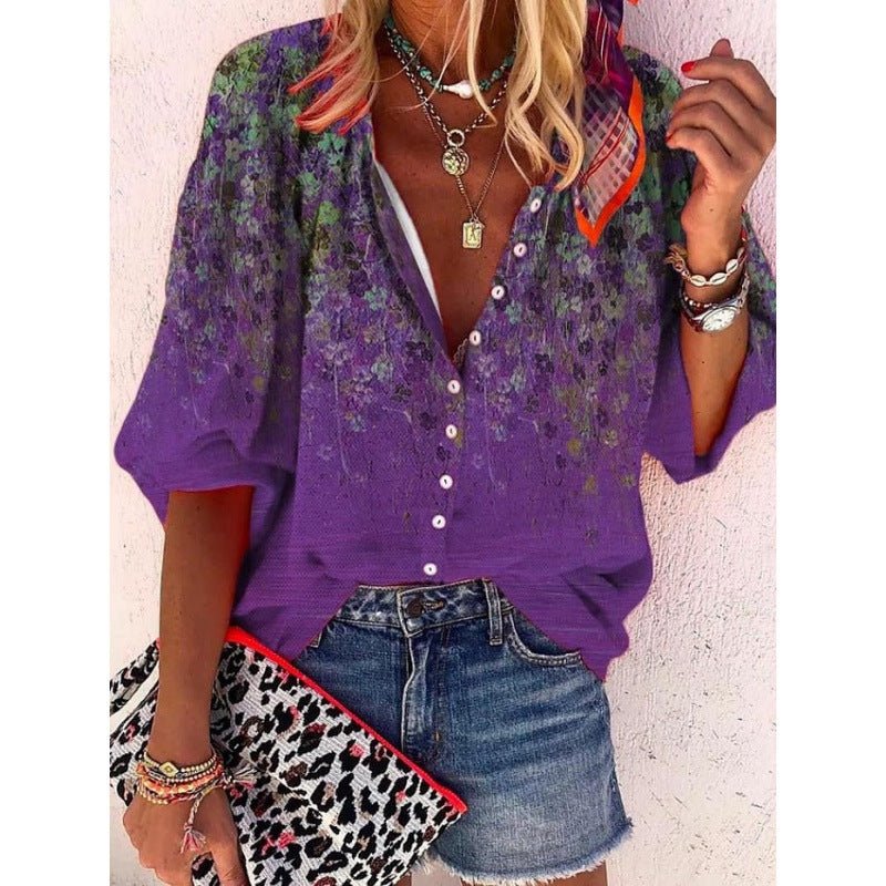 3D Floral - print Long - sleeve Top Fashionable V - neck Blouse For Women - LADYLINE X