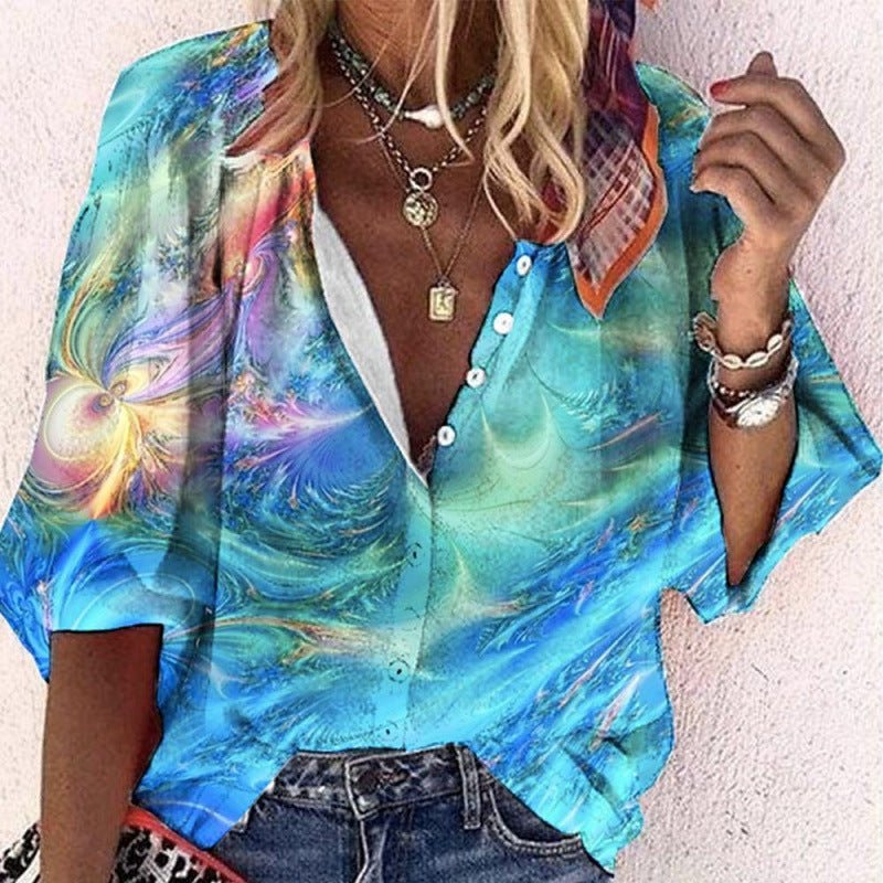 3D Floral - print Long - sleeve Top Fashionable V - neck Blouse For Women - LADYLINE X
