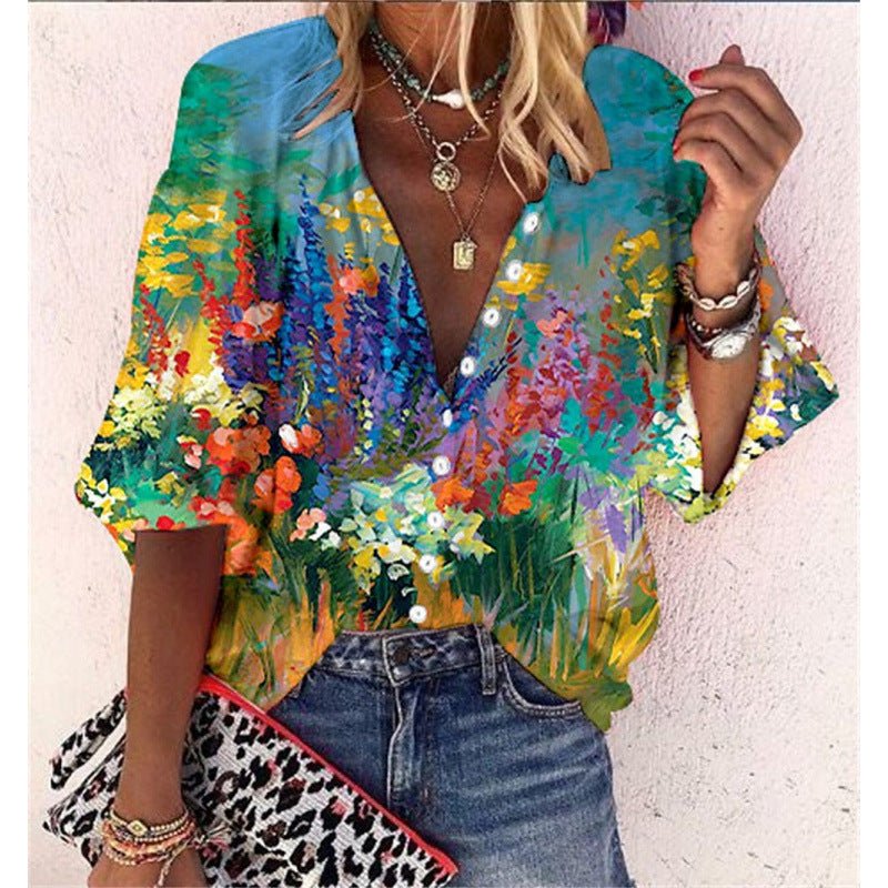 3D Floral - print Long - sleeve Top Fashionable V - neck Blouse For Women - LADYLINE X