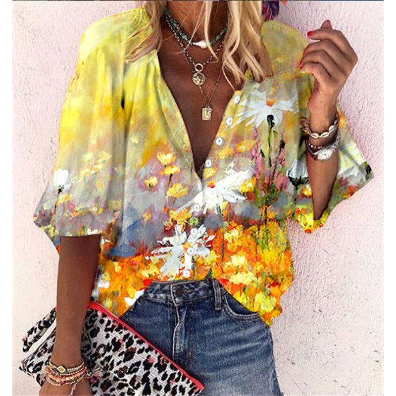 3D Floral - print Long - sleeve Top Fashionable V - neck Blouse For Women - LADYLINE X