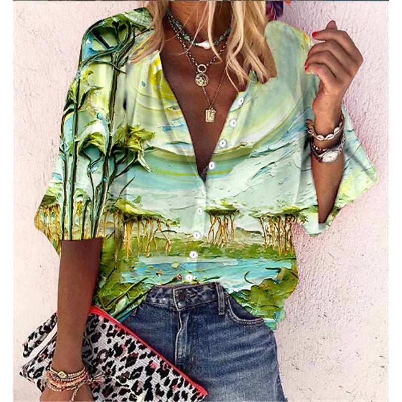 3D Floral - print Long - sleeve Top Fashionable V - neck Blouse For Women - LADYLINE X