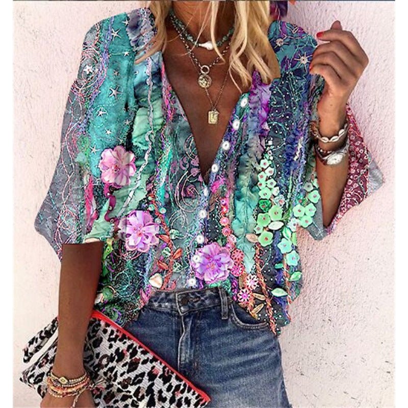 3D Floral - print Long - sleeve Top Fashionable V - neck Blouse For Women - LADYLINE X