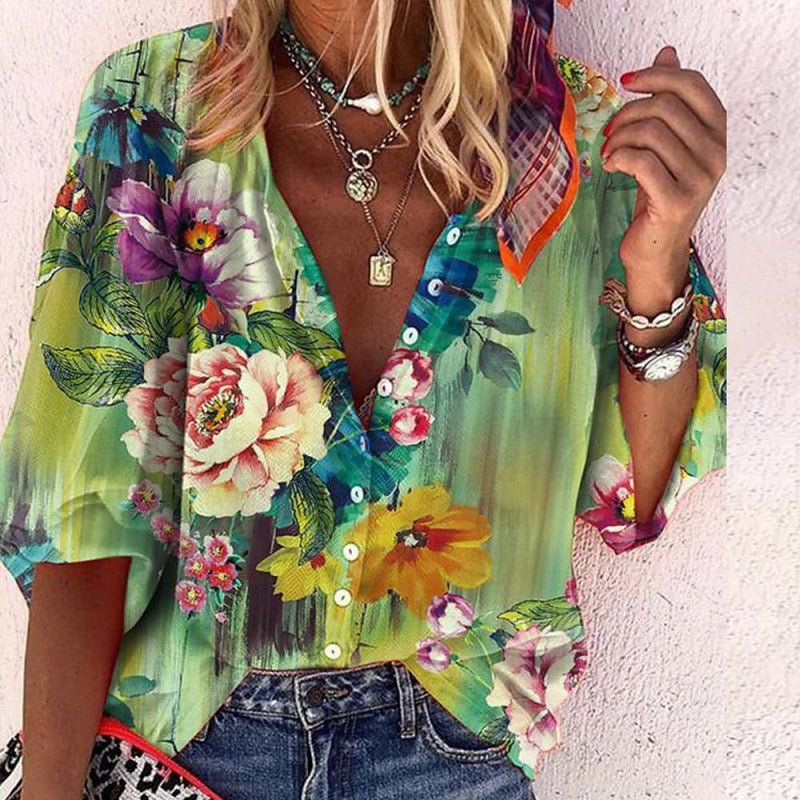 3D Floral - print Long - sleeve Top Fashionable V - neck Blouse For Women - LADYLINE X