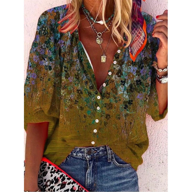 3D Floral - print Long - sleeve Top Fashionable V - neck Blouse For Women - LADYLINE X