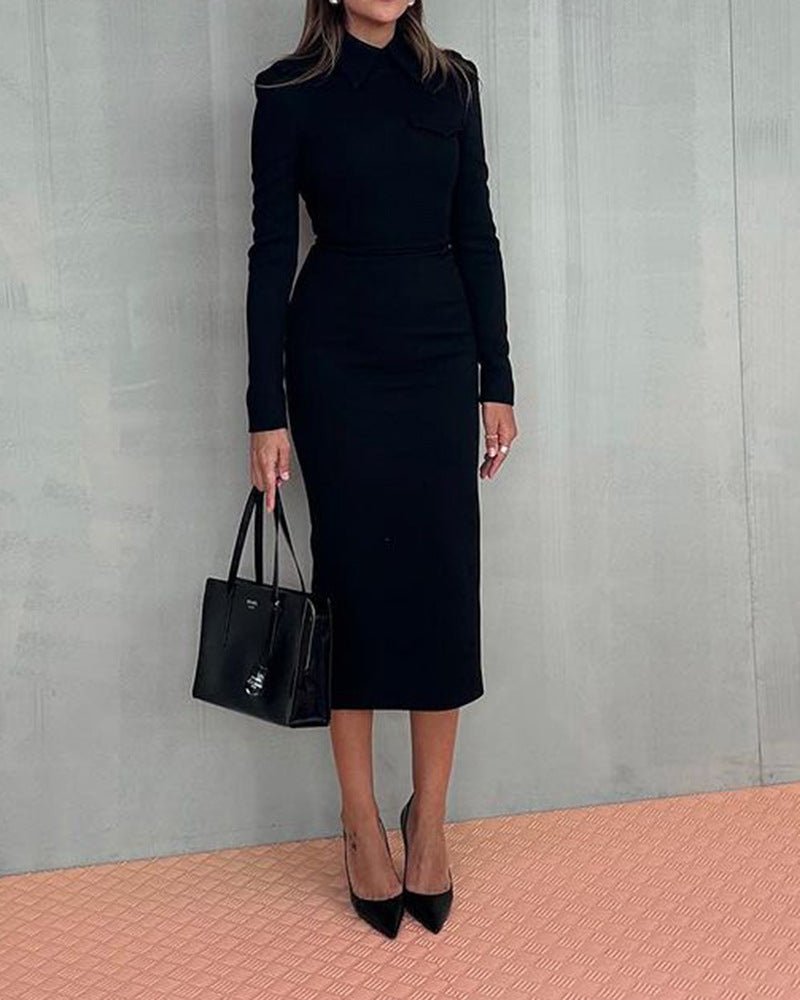 Autumn New Polo Collar Long Sleeve Slim Fit Sheath Dress - LADYLINE X