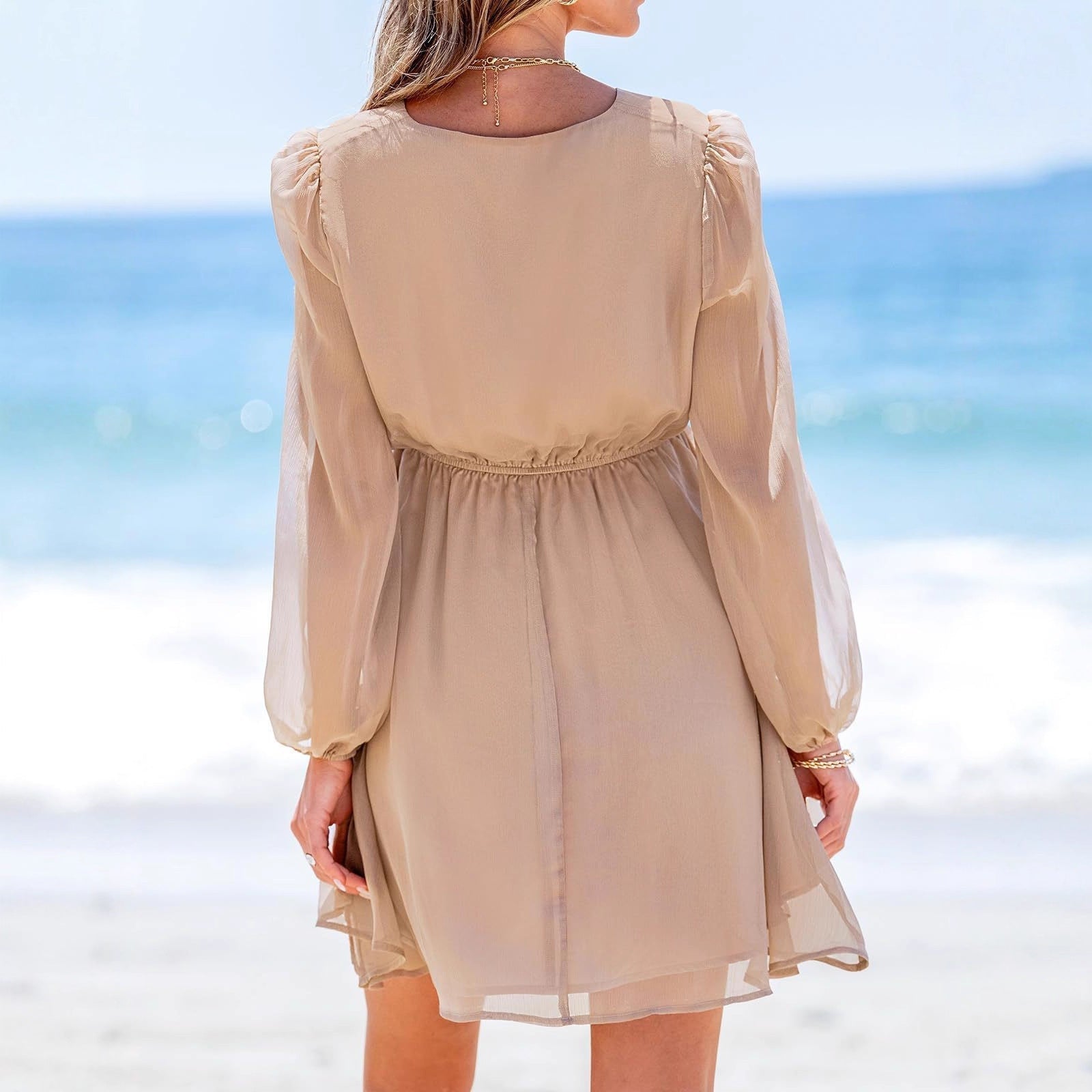 AutumnWinter Solid Color Casual Mesh V Neck Long Sleeve Dress Womens - LADYLINE X