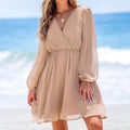 AutumnWinter Solid Color Casual Mesh V Neck Long Sleeve Dress Womens - LADYLINE X