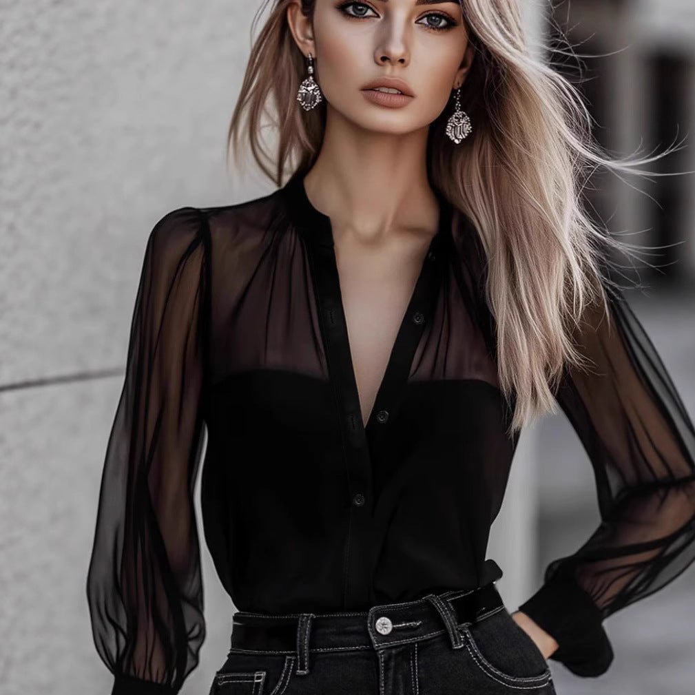 Black Sexy Elegant Mesh - Panel Blouse With A Sophisticated Vibe - LADYLINE X