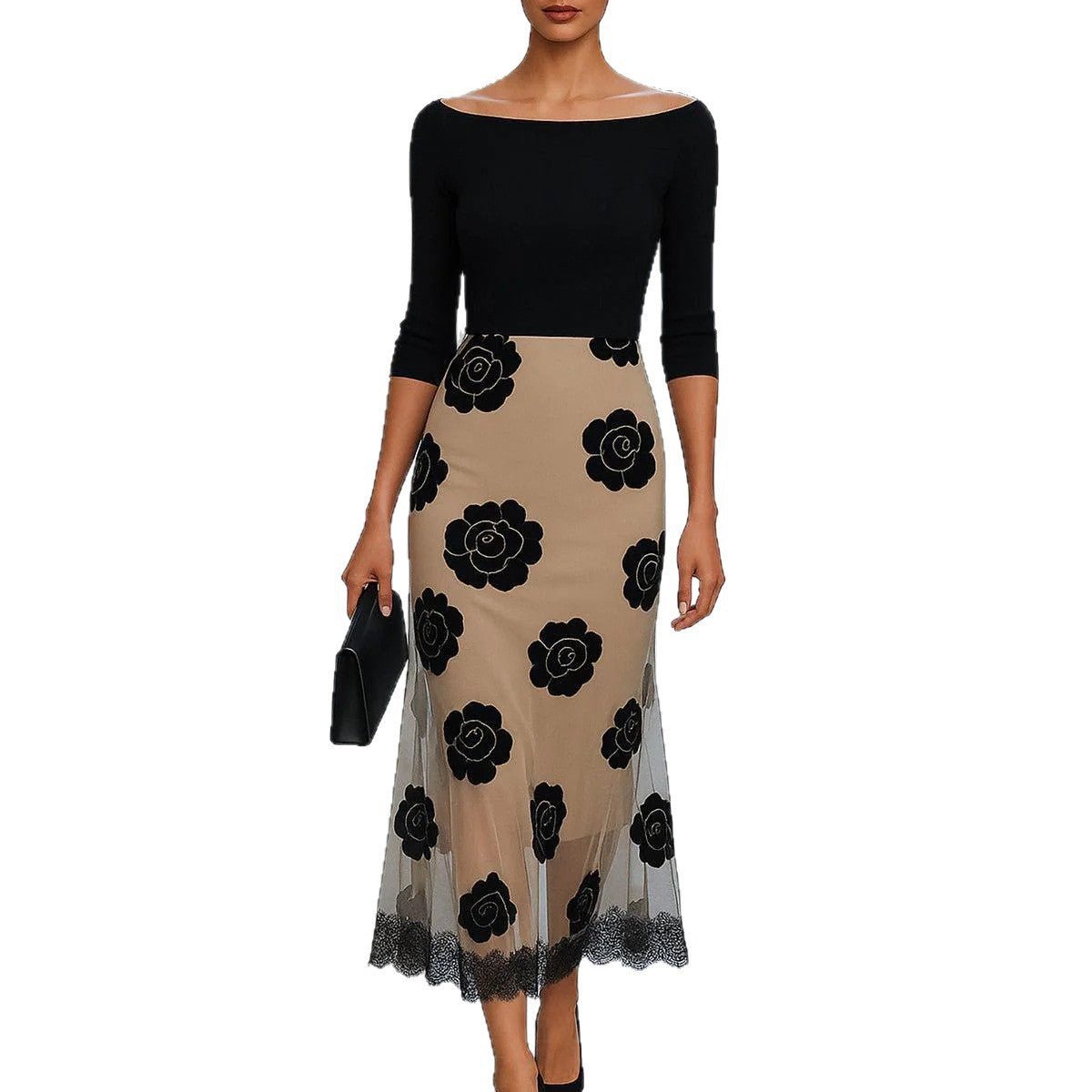 Boat - neckline Contrast - color Floral Lace Maxi Dress - LADYLINE X