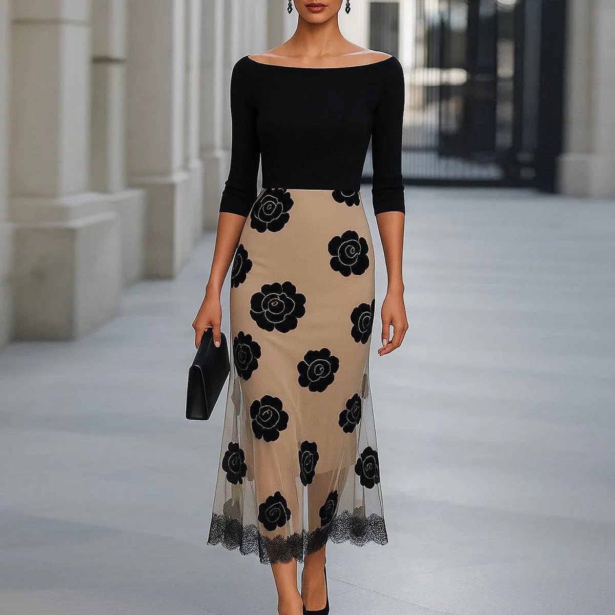 Boat - neckline Contrast - color Floral Lace Maxi Dress - LADYLINE X