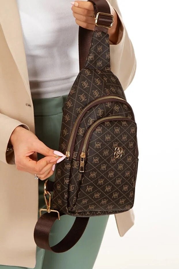 Brown Leather Monogram Crossbody Belt Chest And Shoulder Bag - LADYLINE X