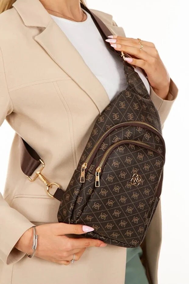 Brown Leather Monogram Crossbody Belt Chest And Shoulder Bag - LADYLINE X