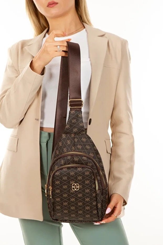 Brown Leather Monogram Crossbody Belt Chest And Shoulder Bag - LADYLINE X