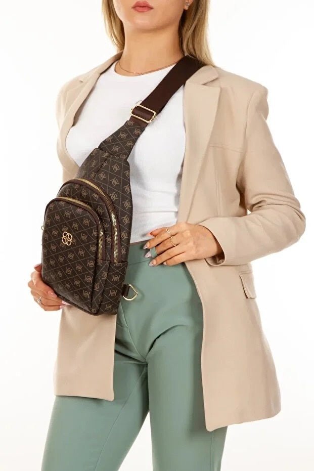 Brown Leather Monogram Crossbody Belt Chest And Shoulder Bag - LADYLINE X