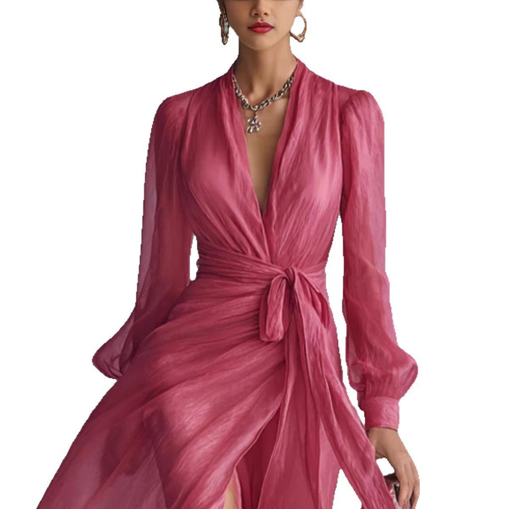Casual Court - Style V - Neck Lace - Up Puff - Sleeve Dress - LADYLINE X