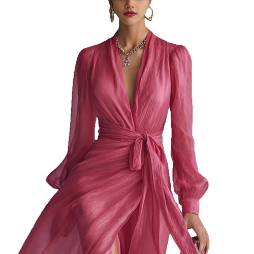 Casual Court - Style V - Neck Lace - Up Puff - Sleeve Dress - LADYLINE X