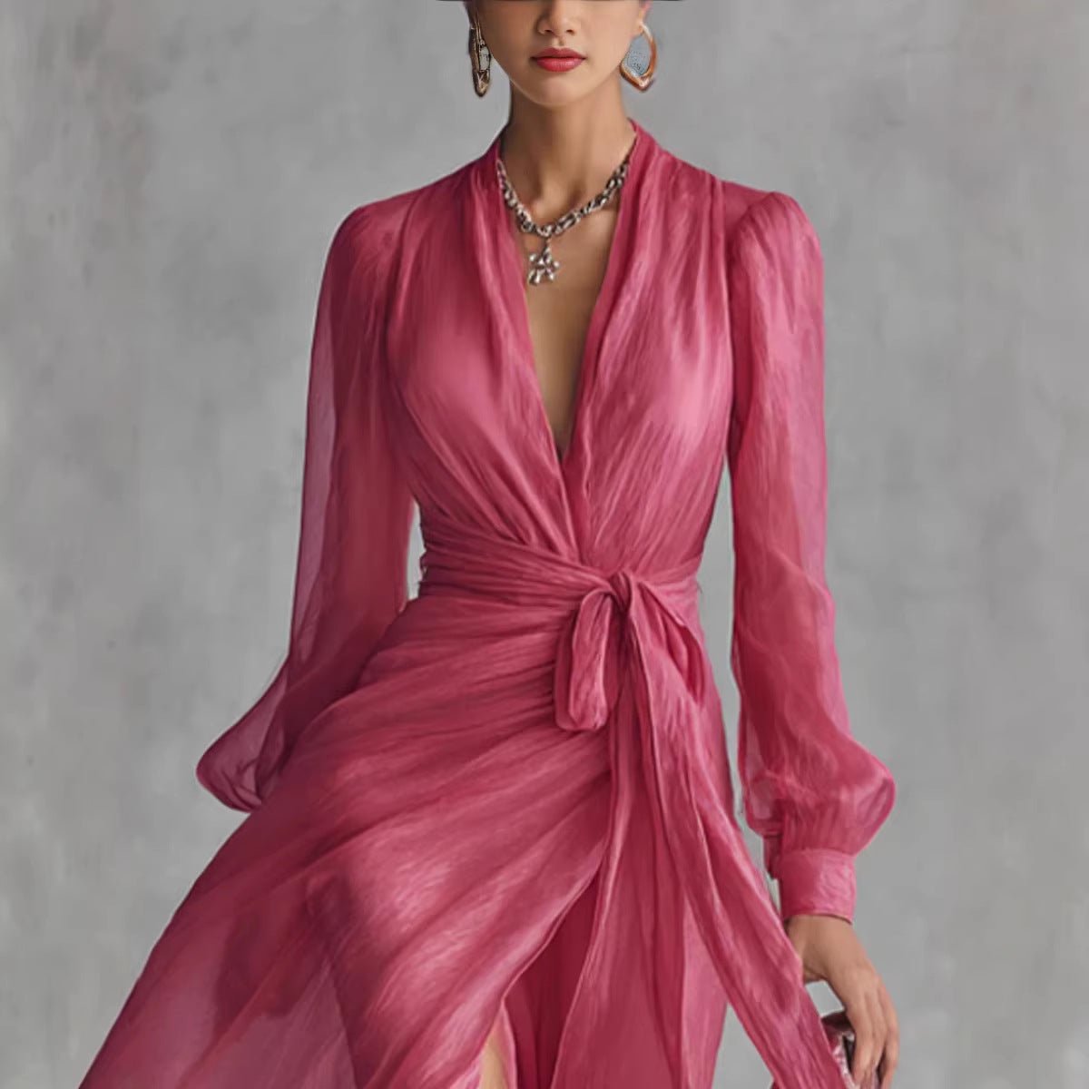 Casual Court - Style V - Neck Lace - Up Puff - Sleeve Dress - LADYLINE X