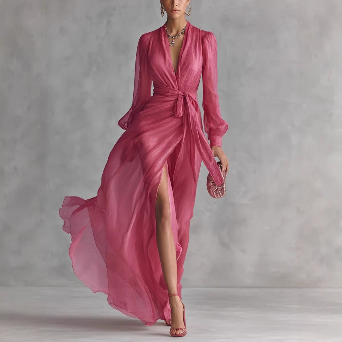 Casual Court - Style V - Neck Lace - Up Puff - Sleeve Dress - LADYLINE X