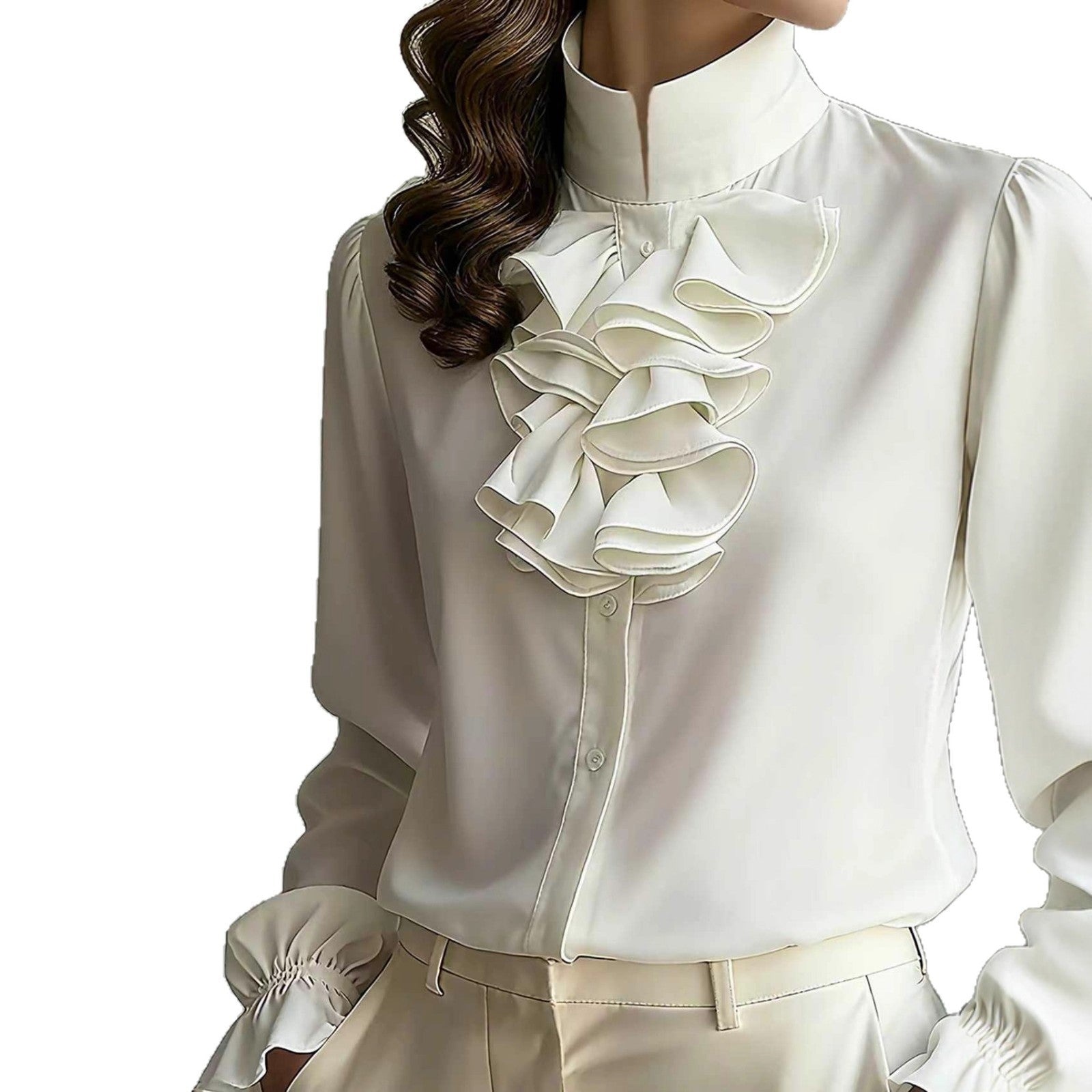 Casual Loose - neck Plain - colored Ruffled Collar Shirt - LADYLINE X