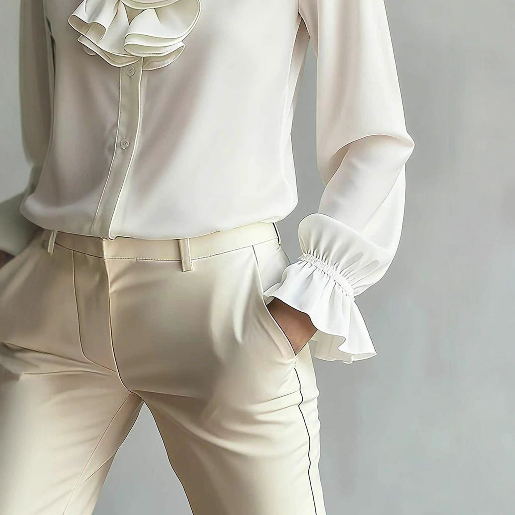 Casual Loose - neck Plain - colored Ruffled Collar Shirt - LADYLINE X