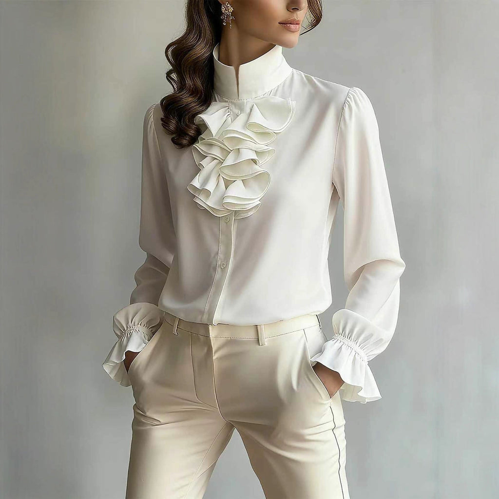 Casual Loose - neck Plain - colored Ruffled Collar Shirt - LADYLINE X