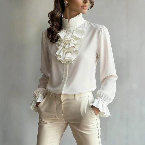 Casual Loose - neck Plain - colored Ruffled Collar Shirt - LADYLINE X