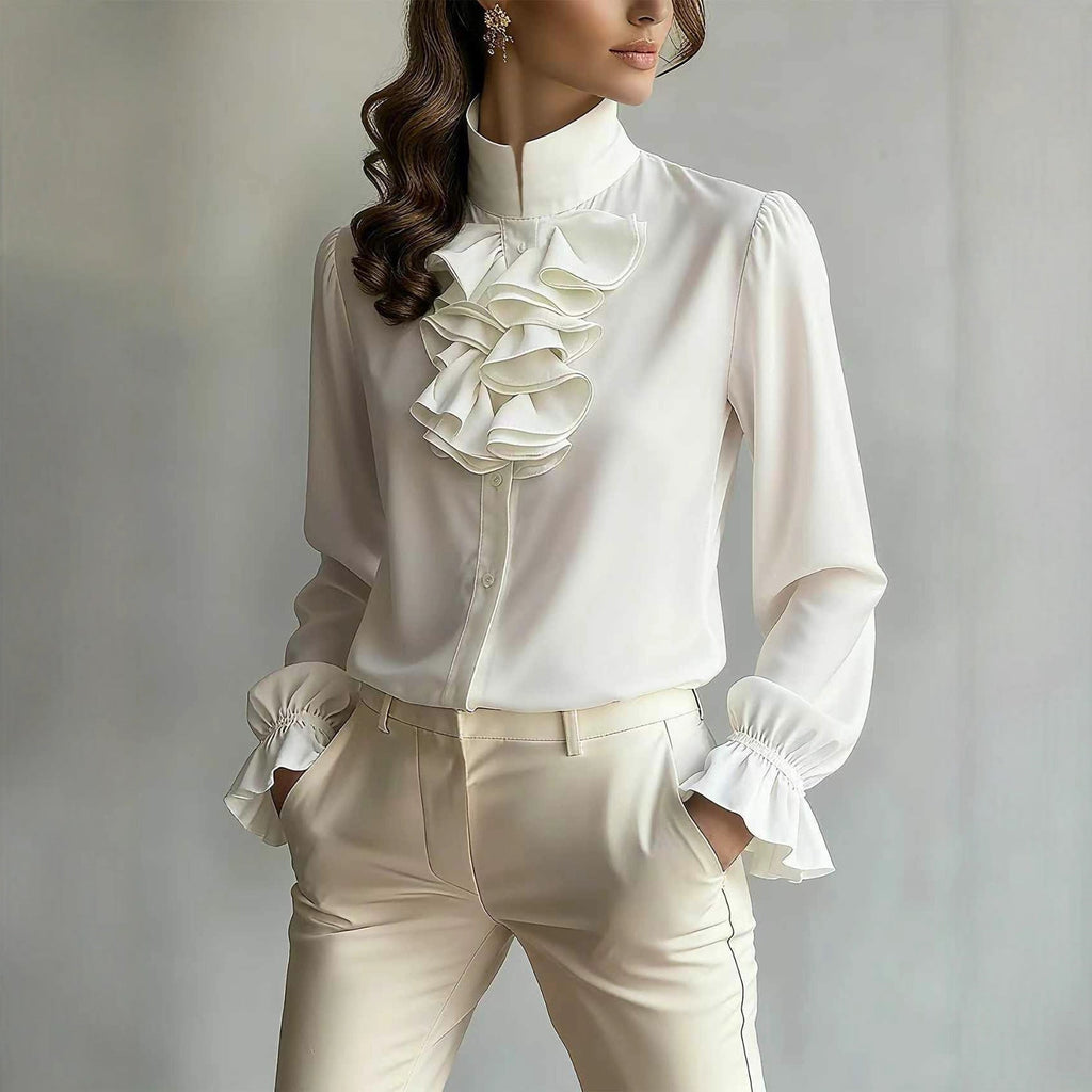 Casual Loose - neck Plain - colored Ruffled Collar Shirt - LADYLINE X