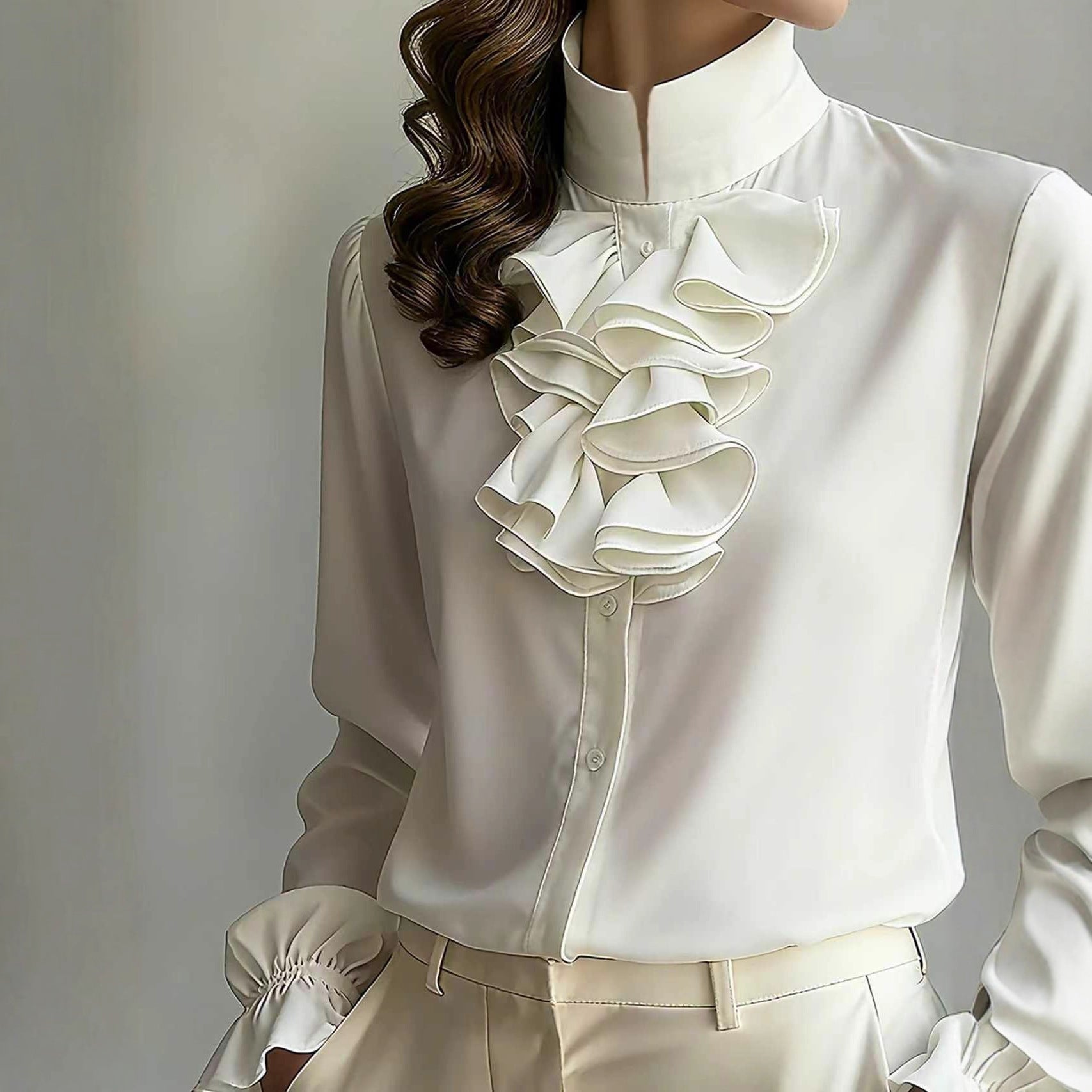 Casual Loose - neck Plain - colored Ruffled Collar Shirt - LADYLINE X