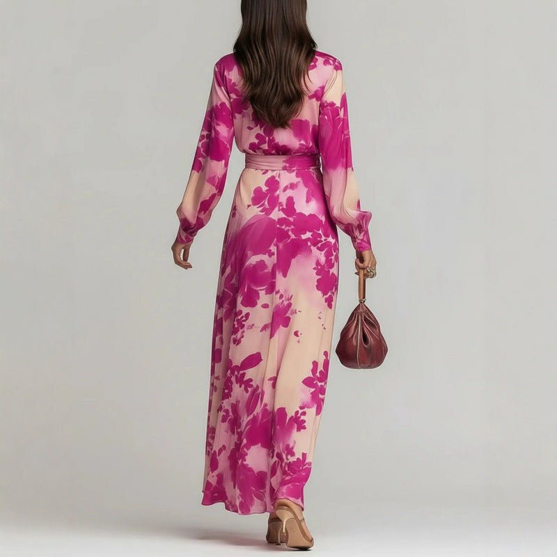 Chiffon Long - sleeve V - neck Lace - up Dress - LADYLINE X
