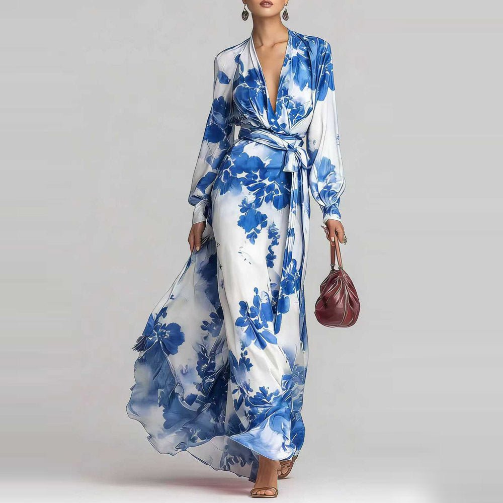 Chiffon Long - sleeve V - neck Lace - up Dress - LADYLINE X