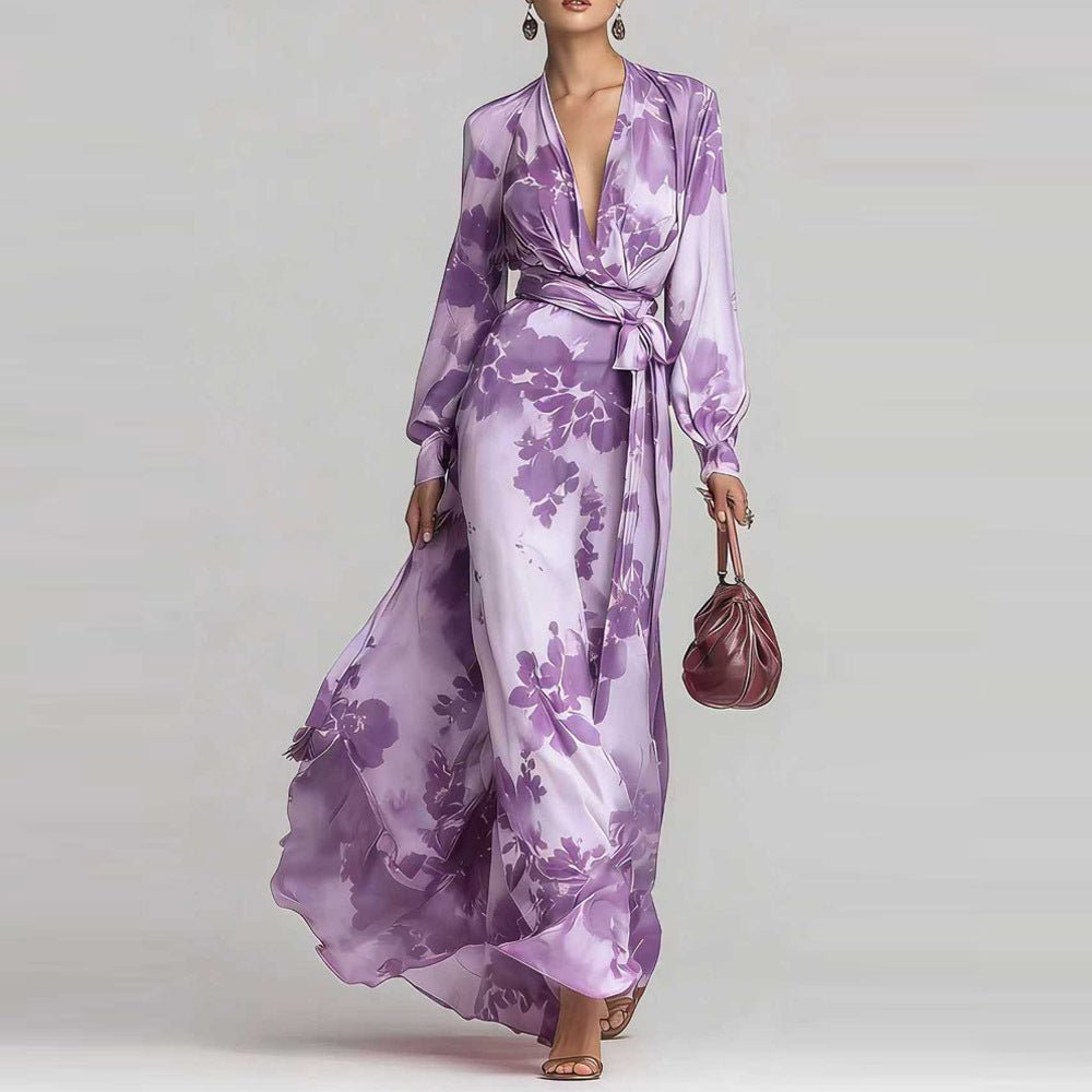 Chiffon Long - sleeve V - neck Lace - up Dress - LADYLINE X