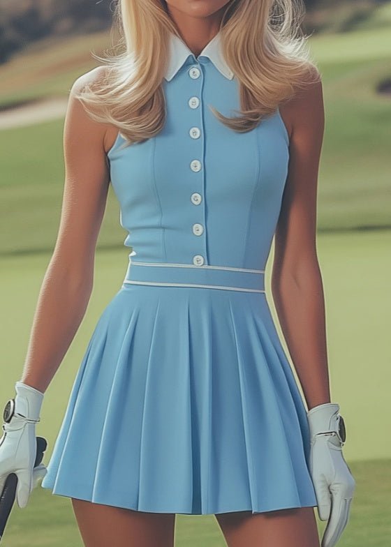Color - blocked Collared Sleeveless Fitted Waist Pleated Sports Dress - LADYLINE X