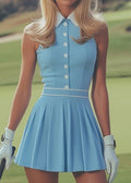 Color - blocked Collared Sleeveless Fitted Waist Pleated Sports Dress - LADYLINE X