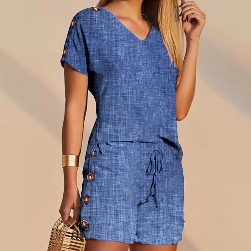 Comfortable Decorative Buttons Short - sleeved Shorts Suit - LADYLINE X